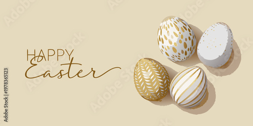 A happy easter greeting featuring decorated eggs on a beige background