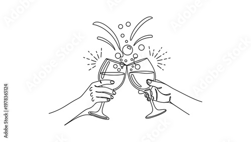 Two hands clinking champagne glasses in celebration. Continuous line style. Hand drawn. Line art. Vector design. illustrations