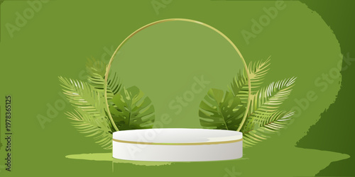 Elegant white podium with tropical leaves against a green brushstroke background