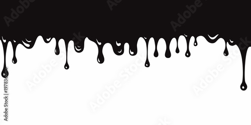 Black liquid drips and flows against a stark white background