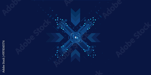 Abstract digital explosion with glowing blue lines and geometric shapes