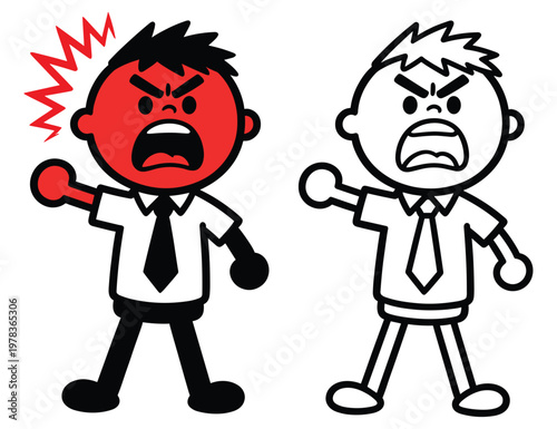 Cartoon angry man in white shirt and tie stands with clenched fist and open mouth.