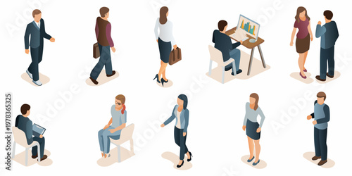 Isometric illustration depicting diverse business people in professional settings