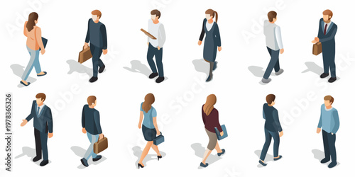 Isometric illustration depicting a diverse group of business professionals walking