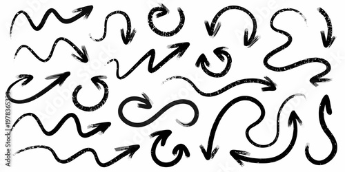 Collection of hand drawn black arrows and curved shapes on white
