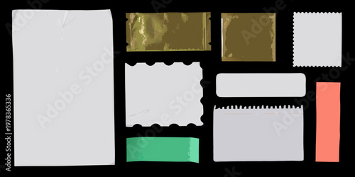 Assorted rectangular and shaped paper samples against a black background
