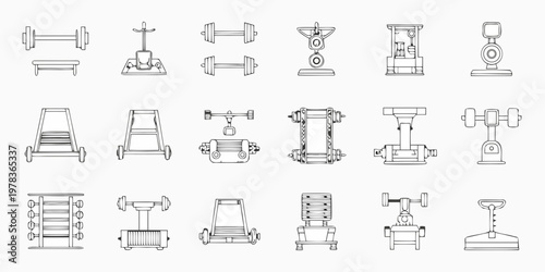 Collection of various mechanical tools and lifting equipment line drawings