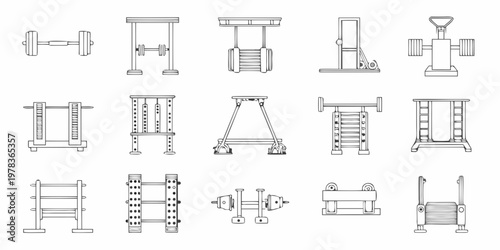 Collection of detailed black and white line drawing gym equipment schematics