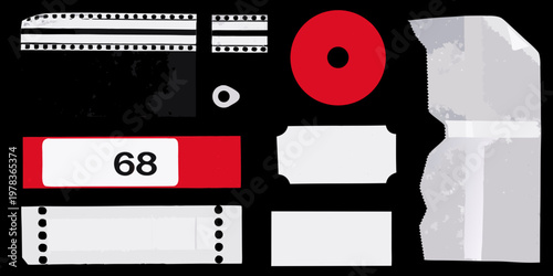 Abstract collage featuring film strips shapes and a number 68