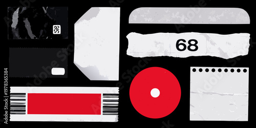 Assorted torn paper and geometric shapes on a black background