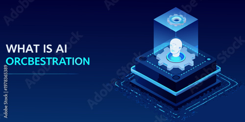 Ai orchestration concept illustrated with a robotic head and gears