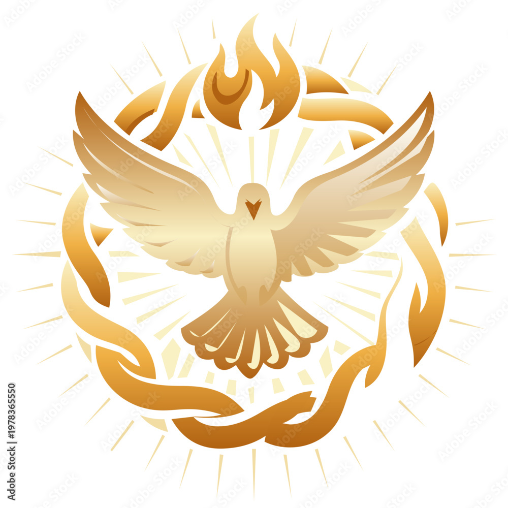 Naklejka premium Golden Holy Spirit Dove with Flame and Circular Rays. An ornate golden illustration of a dove with an emblem of flame above its head, enclosed in a decorative circular frame with light rays.