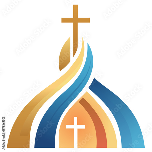 Abstract Modern Church Logo Concept with Cross and Flowing Waves. A creative abstract vector illustration of a church spire formed by flowing blue and gold waves.