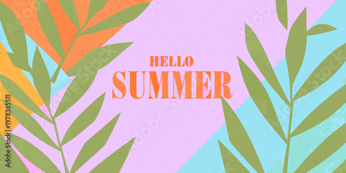 Tropical leaves and vibrant colors create a summery hello message