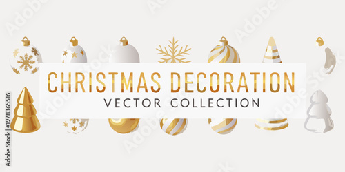 A festive collection of golden and white christmas ornaments displayed