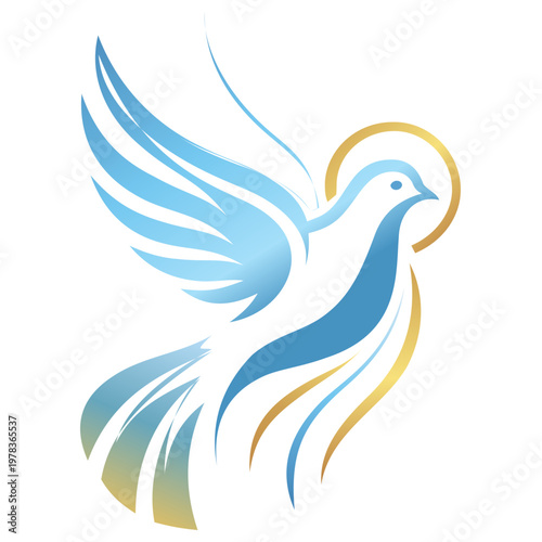 Elegant Blue Dove with Halo Minimalist Vector Illustration. A graceful, minimalist blue dove in flight with a golden halo. The flowing lines and soft gradients create a peaceful, serene atmosphere.