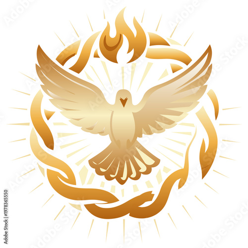 Golden Holy Spirit Dove with Flame and Circular Rays. An ornate golden illustration of a dove with an emblem of flame above its head, enclosed in a decorative circular frame with light rays.
