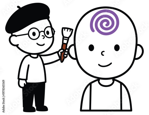 Cartoon artist wearing beret painting purple swirl on bald head of smiling male character.