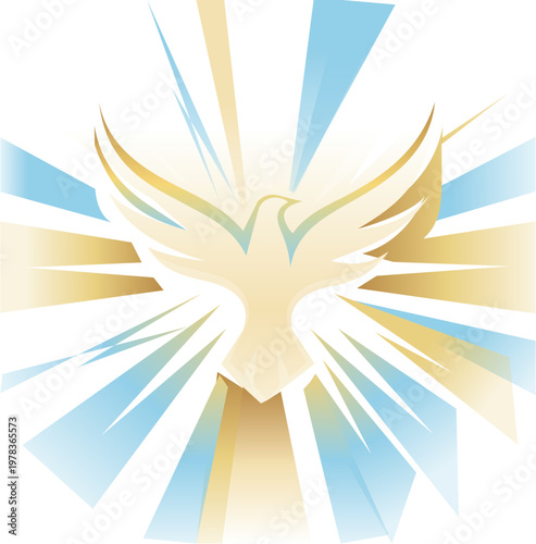 Holy Spirit Dove with Radiant Light Rays Vector Illustration. A majestic white dove descending with wings spread wide, surrounded by dynamic blue and gold light rays.