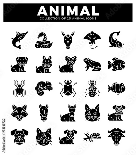 black animal icons on white background. including pets. insects. and marine life.