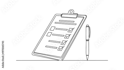A clipboard with a checklist and pen. Continuous line style. Hand drawn. Line art. Vector design. illustrations