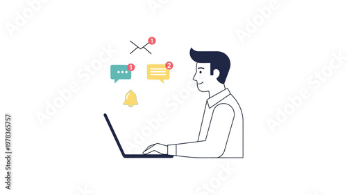 Man working on laptop with notifications.