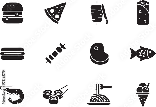 Black and white vector graphic illustration of various food icons on white background