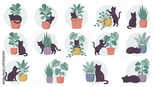 Black cats and houseplants illustration set in a minimalist flat style