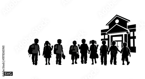 Children with backpacks walk towards school building silhouette
