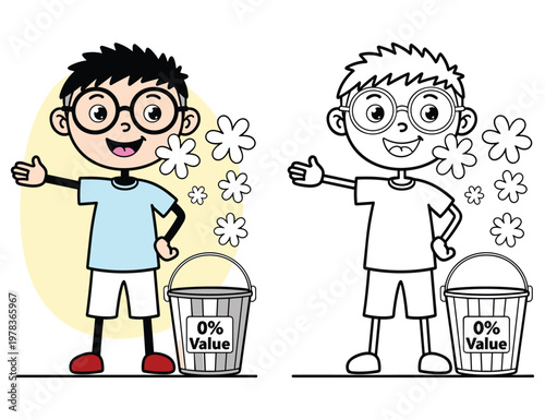 Cartoon boy with glasses standing next to bucket of zero percent value.