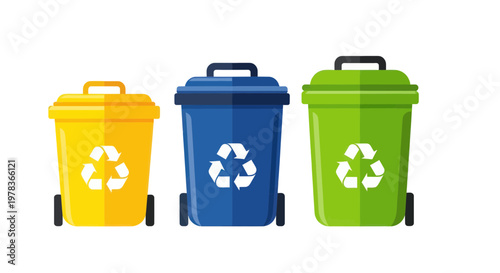 Three colorful recycling bins: yellow, blue, green, with recycling symbols.