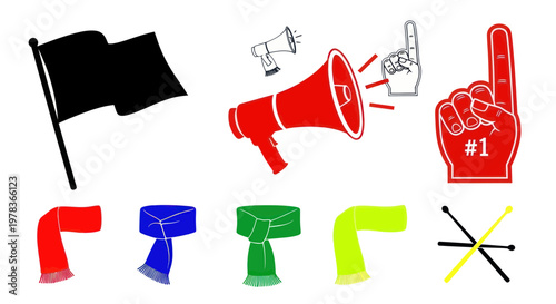 Sports Fan Accessories: Flag, Megaphone, Foam Finger, Scarves, Pom-poms