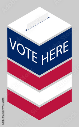 Vertical arrow indicates location of the polling station and voting place in the form of a ballot box in colors of American flag. Vector isolated on white background