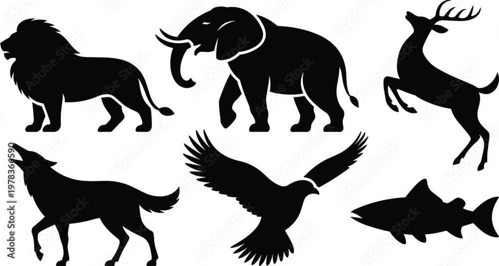 Fototapeta premium Animal silhouettes featuring lion, elephant, deer, wolf, bird, and shark representing wildlife, nature, habitats, and diverse species illustration.