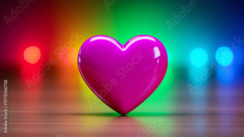 Glossy pink heart on wooden floor with colorful bokeh lights and copy space for Valentines Day celebration
