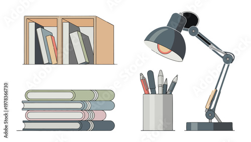 Reading Essentials: A tidy assortment of books, pens, a lamp, and a minimalist bookshelf setup, inviting intellectual curiosity and the pursuit of knowledge.