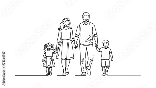 A family of four walking together. Continuous line style. Hand drawn. Line art. Vector design. illustration