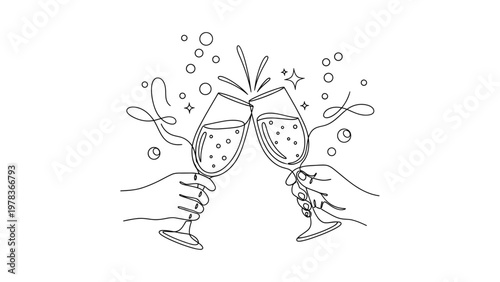 Two hands holding champagne glasses celebrating. Continuous line style. Hand drawn. Line art. Vector design. illustration