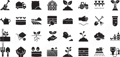 A set of vector graphic illustrations of agriculture and gardening icons on white background