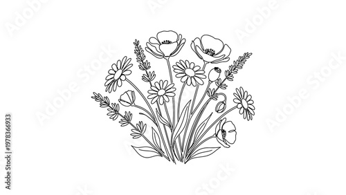 A bouquet of wildflowers in bloom. Continuous line style. Hand drawn. Line art. Vector design. illustration