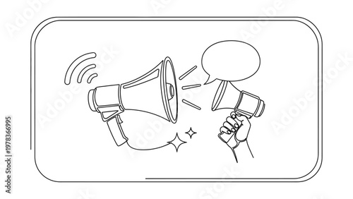 Communication and public speaking concept with megaphones. Continuous line style. Hand drawn. Line art. Vector design. illustration