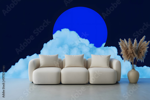 Modern living room interior with beige modular sofa and surreal wall mural featuring blue clouds and moon circle with copy space