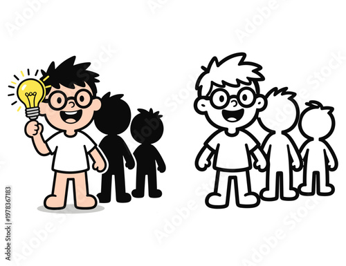 Cartoon boy with a lightbulb and people silhouettes, representing leadership and ideas.