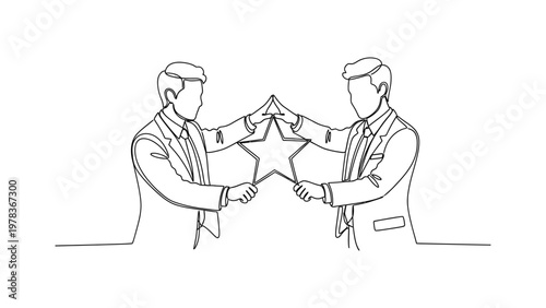 Two businessmen shaking hands with star. Continuous line style. Hand drawn. Line art. Vector design. illustration
