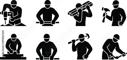 Construction worker silhouettes with hard hats performing various tasks including hammering, bricklaying, wrenching, jackhammering, and carrying beams for industry illustration.