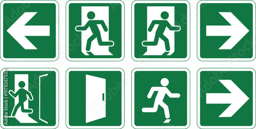 Emergency exit sign set, modern safety signage collection featuring exit arrows running figure icons and emergency evacuation symbols for workplace and building use.