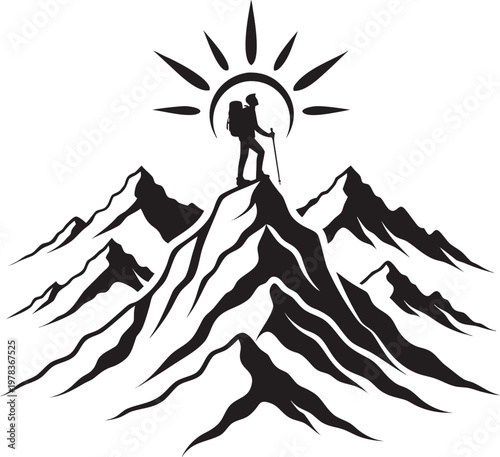 Minimalist mountain hiking silhouette traveler reaching summit peak adventure exploration success journey outdoor freedom wanderlust travel lifestyle vector design