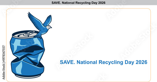 Crushed blue aluminum soda can with a flying bird, for National Recycling Day 2026 save the planet environmental awareness campaign