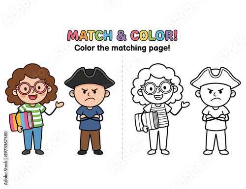 Cartoon schoolgirl with books and pirate boy with angry expression.