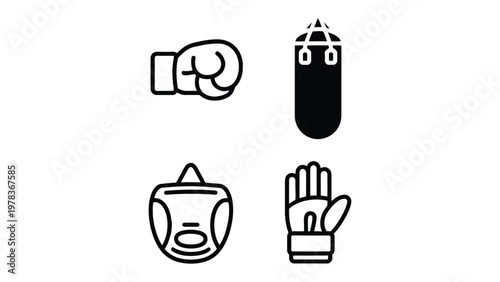 Boxing Gear: A comprehensive collection of boxing equipment. Featuring gloves, punching bag, headgear and hand wraps, ready for training